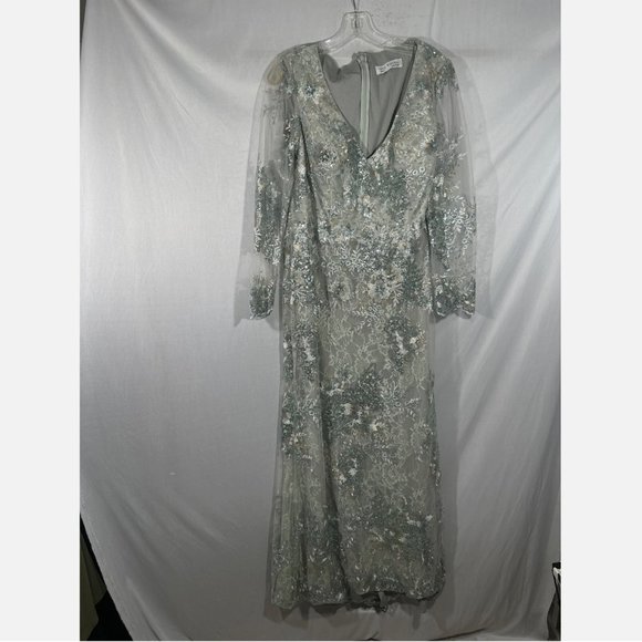 NWT$698 Mac Duggal [ 16 ] Embellished V-Neck Illusion Long Sleeve Gown Sea‎ Mist - Picture 3 of 16